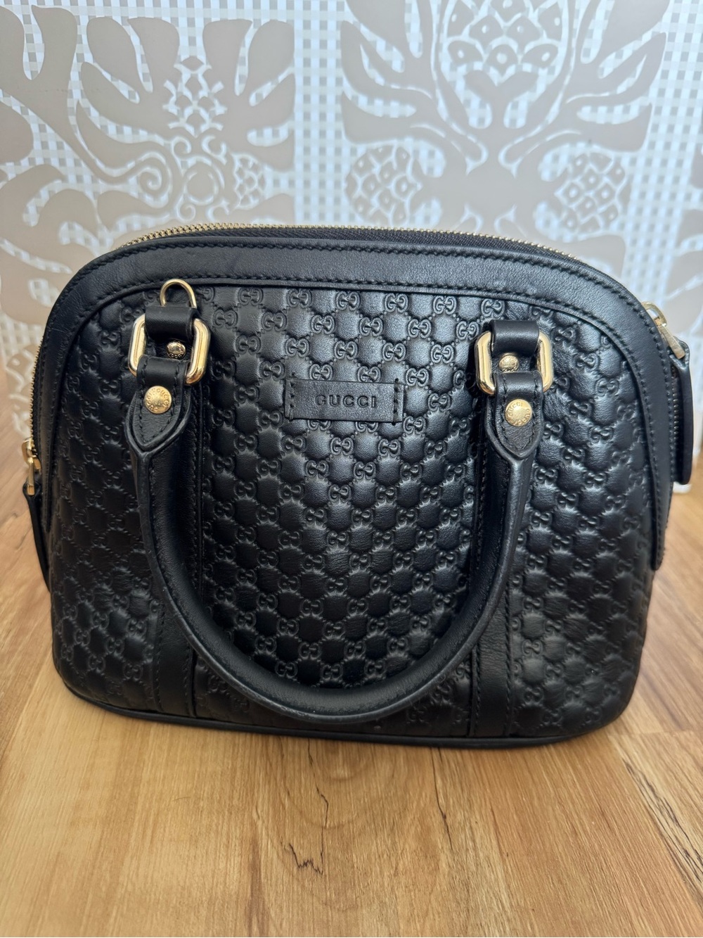 Gucci Black Embossed Leather Top-Handle Satchel with Gold Hardware
